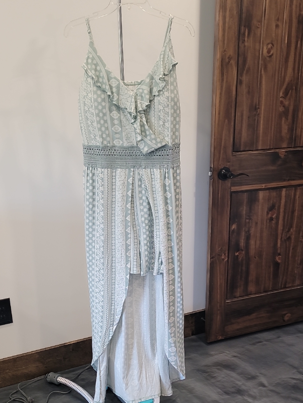 Light Sage Green Patterned Ruffle Maxi Dress